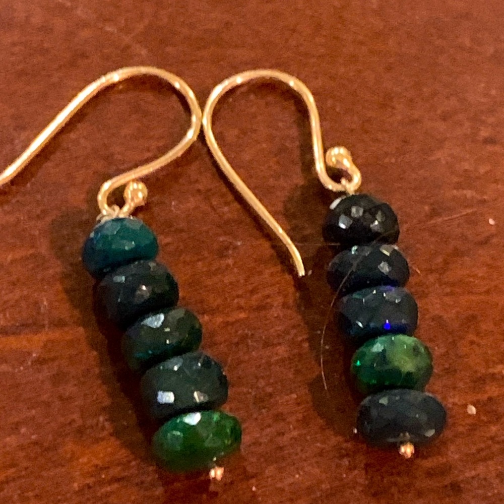 Natural black opal on rose gold hooks
